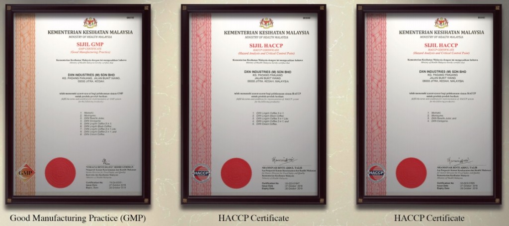 Good Manufacturing Process (GMP) and HACCP Certificates of DXN Holdings Bhd.